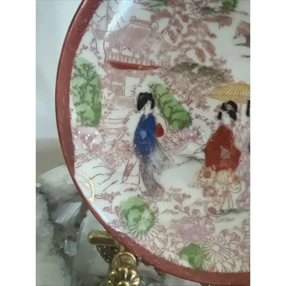 Set Of 3 Vtg Japanese Kutani Porcelain Geisha Saucer Plates Hand Painted 5.5”